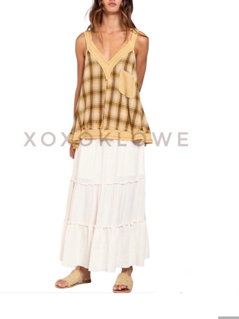 POL Plaid V-Neck Knit-Trim Tank in Mustard and Brown Size M